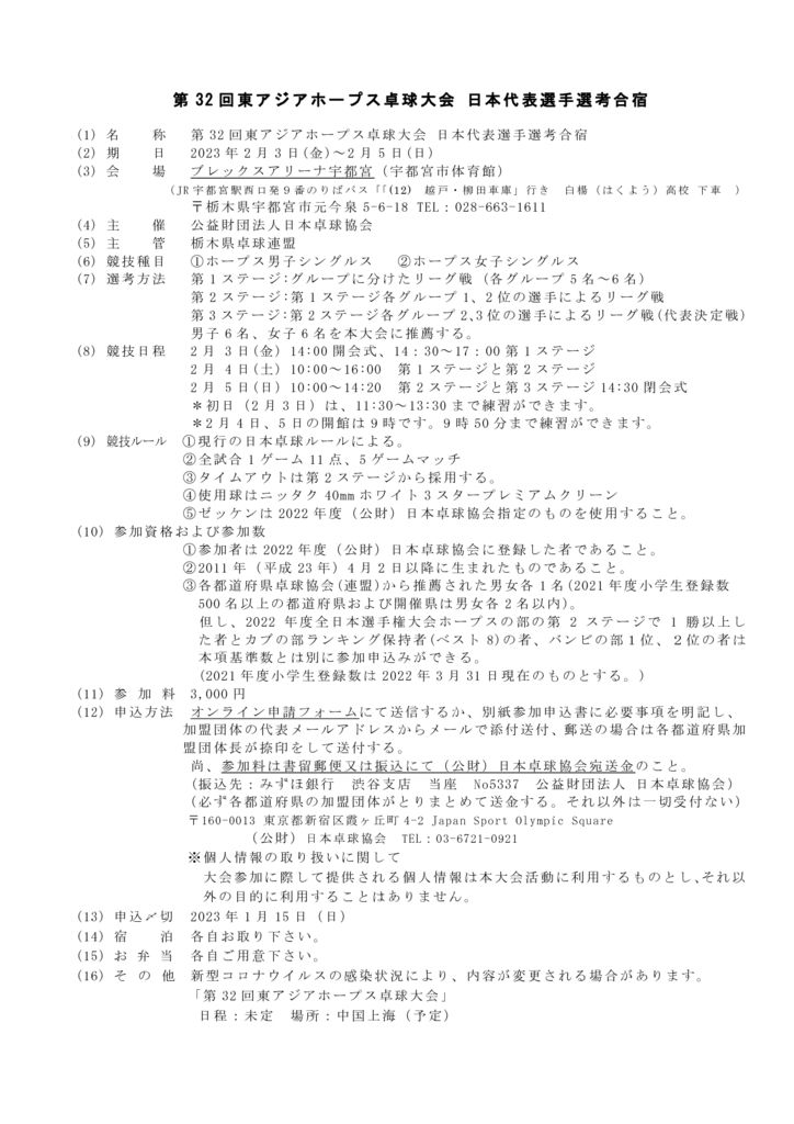 要項　第32回東アジアホープス卓球大会日本代表選手選考合宿のサムネイル